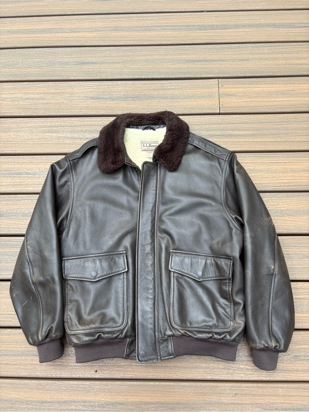 Vintage LL Bean Goatskin Sherpa Lined Brown Leather Bomber Jacket Made in USA L
